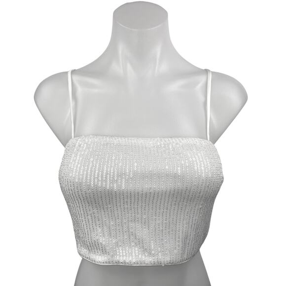 NEW 12th Tribe White Soiree Sequin Sparkly Shimmer Camisole Crop Tank Top Size S - Picture 2 of 6